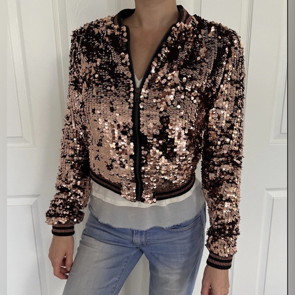 SCRIPTED Sequin Bomber Jacket - Bronze SIZE S/P Like New
